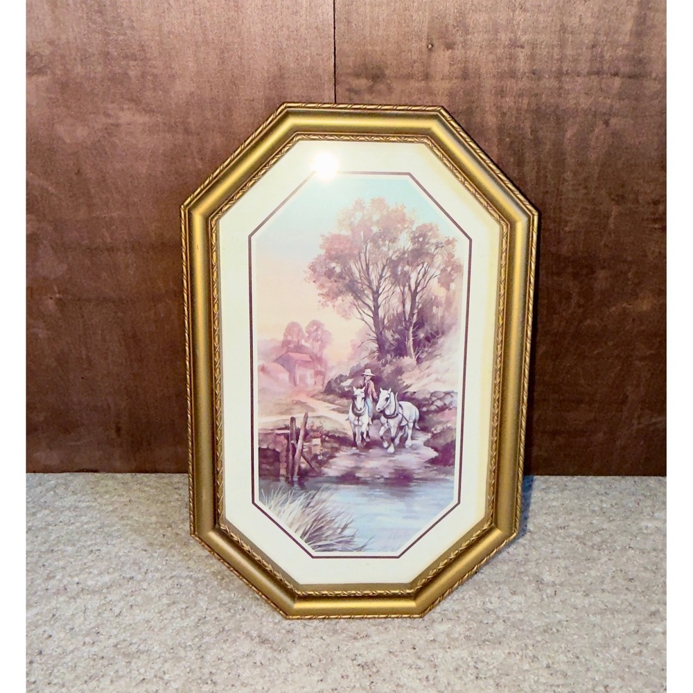 Vintage Octagonal Framed Art Print Pastoral Scene White Horses Gold Frame